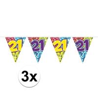3x Mini vlaggenlijn / slinger verjaardag versiering 21 jaar Multi