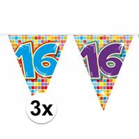 3x Mini vlaggenlijn / slinger verjaardag versiering 16 jaar Multi
