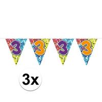 3x Mini vlaggenlijn / slinger verjaardag versiering 3 jaar Multi