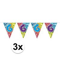 3x Mini vlaggenlijn / slinger verjaardag versiering 6 jaar Multi