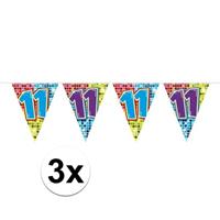3x Mini vlaggenlijn / slinger verjaardag versiering 11 jaar Multi
