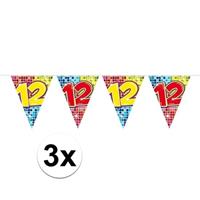3x Mini vlaggenlijn / slinger verjaardag versiering 12 jaar Multi