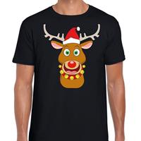 Shoppartners Foute Kerst t-shirt rendier Rudolf rode kerstmuts zwart heren Zwart