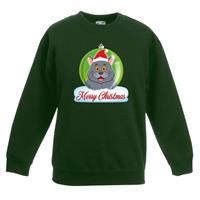 Shoppartners Kersttrui Merry Christmas grijze kat / poes kerstbal groen kinde 12-13 jaar (152/164) Groen