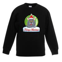 Shoppartners Kersttrui Merry Christmas grijze kat / poes kerstbal zwart kinde 3-4 jaar (98/104) Groen