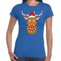 Shoppartners Foute Kerst t-shirt kerstman en rendier Rudolf blauw dames Blauw