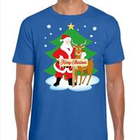 Shoppartners Foute Kerst t-shirt kerstman en rendier Rudolf blauw heren Blauw