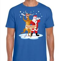 Shoppartners Foute Kerst t-shirt dronken kerstman en Rudolf blauw heren Blauw