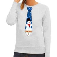 Shoppartners Foute kersttrui stropdas met sneeuwpop print grijs voor dames
