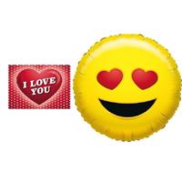 Valentijn - Folie ballon verliefde smiley 35 cm met valentijnskaart Geel