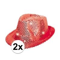 Toppers - 2x Rode pailletten hoedjes met LED licht Rood