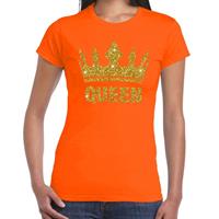 Shoppartners Oranje Koningsdag Queen shirt met gouden glitters en kroon dames Oranje