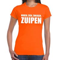 Shoppartners Horen Zien Zwijgen Zuipen tekst t-shirt oranje dames Oranje