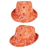 Oranje trilby verkleed hoedje dames met ruches en pailletten Oranje