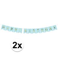 2x Lichtblauwe DIY feest slingers Happy Birthday 1,75 meter Blauw