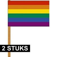 2x Luxe zwaaivlaggen regenboog 30 x 45 cm met houten stok Multi