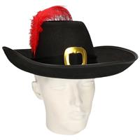 Musketier hoed met zwarte band en rode veer Zwart