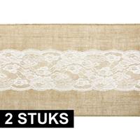 2x Bruiloft/huwelijk jute tafelloper 28 x 275 cm met wit kant Bruin