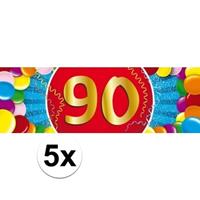 Shoppartners 5x 90 Jaar leeftijd stickers 19 x 6 cm verjaardag versiering Multi