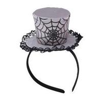 Grijze verkleed mini hoed op diadeem met spinnenweb voor dames