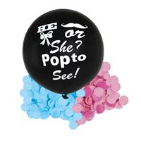 Bellatio Gender reveal ballon he or she inclusief roze en blauwe confetti Zwart