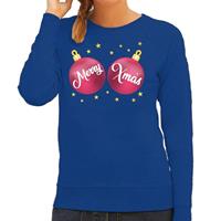 Shoppartners Foute kersttrui / sweater blauw met roze Merry Xmas voor dames
