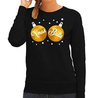 Shoppartners Foute kersttrui / sweater zwart met gouden Xmas Balls dames Zwart