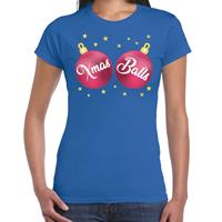 Bellatio Fout kerst t-shirt blauw met roze Xmas balls voor dames