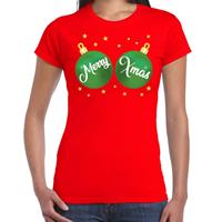 Bellatio Fout kerst t-shirt rood met groene merry Xmas ballen voor dames