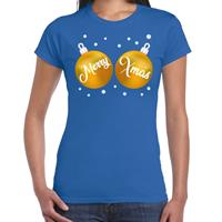 Bellatio Fout kerst t-shirt blauw met gouden merry Xmas ballen voor dames
