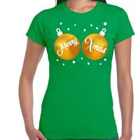 Bellatio Fout kerst t-shirt groen met gouden merry Xmas ballen voor dames
