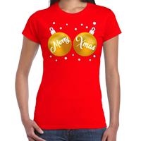 Bellatio Fout kerst t-shirt rood met gouden merry Xmas ballen voor dames