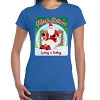 Bellatio Fout kerst t-shirt merry shitmas turkey blauw voor dames