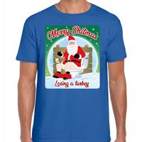 Bellatio Fout kerst t-shirt merry shitmas turkey blauw voor heren
