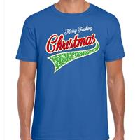 Bellatio Fout kerst t-shirt merry fucking Christmas blauw voor heren