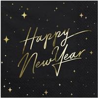 60x Nieuwjaar Happy New Year servetten zwart/goud 33 x 33 cm Zwart