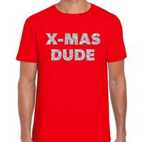 Bellatio Foute Kerst t-shirt X-mas dude zilver glitter op rood heren Rood