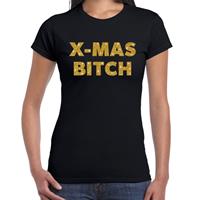 Bellatio Fout kerst shirt X-mas bitch goud / zwart voor dames
