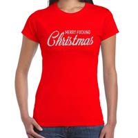 Bellatio Fout kerst shirt Merry Fucking Christmas zilver / rood dames Rood