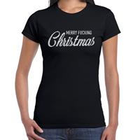 Bellatio Fout kerst shirt Merry Fucking Christmas zilver / zwart dames Zwart
