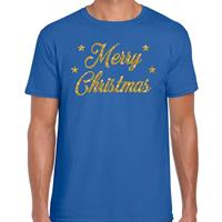 Bellatio Kerst shirt Merry Christmas gouden glitter letters blauw heren (48) Blauw