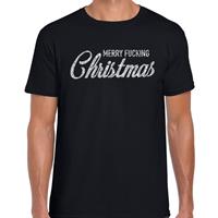 Bellatio Fout kerstshirt Merry Fucking Christmas zilver glitter zwart her (48) Zwart