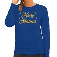 Bellatio Kersttrui Merry Christmas gouden glitter letters blauw dames (44) Blauw