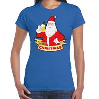 Bellatio Fout kerstshirt blauw santa met pul bier voor dames