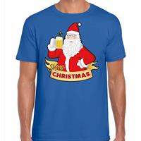 Bellatio Kerst shirt merry christmas Santa bier / proost blauw heren (48) Blauw