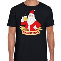 Bellatio Kerst shirt merry christmas Santa bier / proost zwart heren Zwart