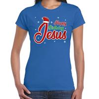 Bellatio Fout kerstshirt blauw Happy birthday Jesus voor dames