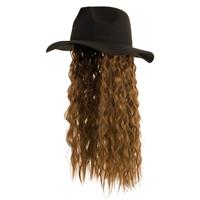 Zwarte verkleed hoed met pruik lang bruin haar Zwart