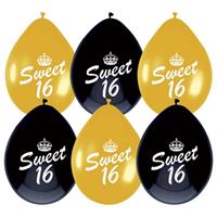 Haza Original ballonnen goud/ zwart ''Sweet 16'' 6 stuks 30 cm