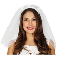 Bruidssluier met witte roosjes verkleed accessoire Wit